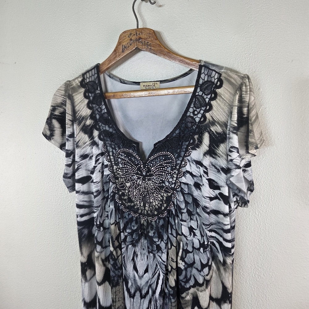 Women's One World Boho Black White Feather Owl Beaded Lace Short Dress Size XL - Picture 10 of 13